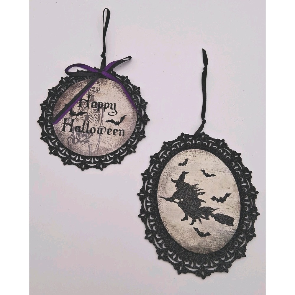 Happy Halloween & Flying Witch Glitter Picture Ornaments/Wall Decor Set